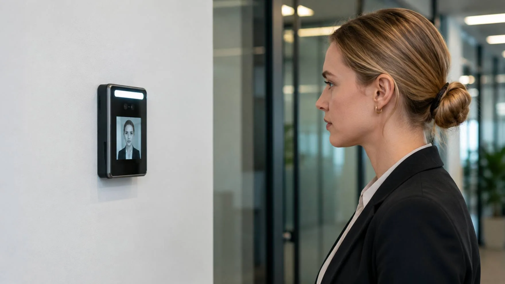 An employee looking into a wall-mounted face recognition terminal