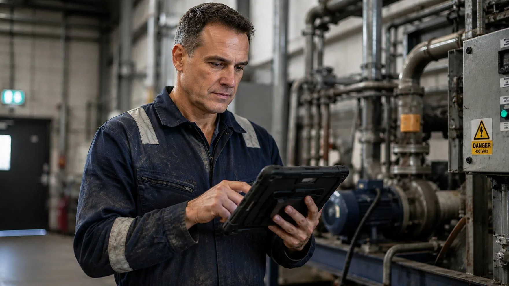 An engineer recording work against a job card on a tablet