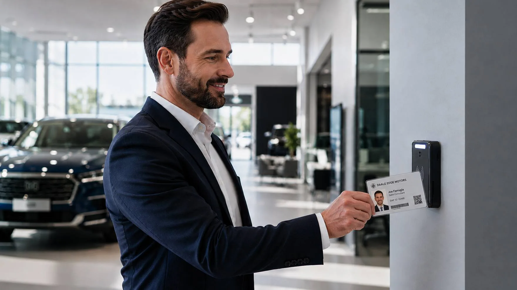 An employee presenting an ID badge to a card reader
