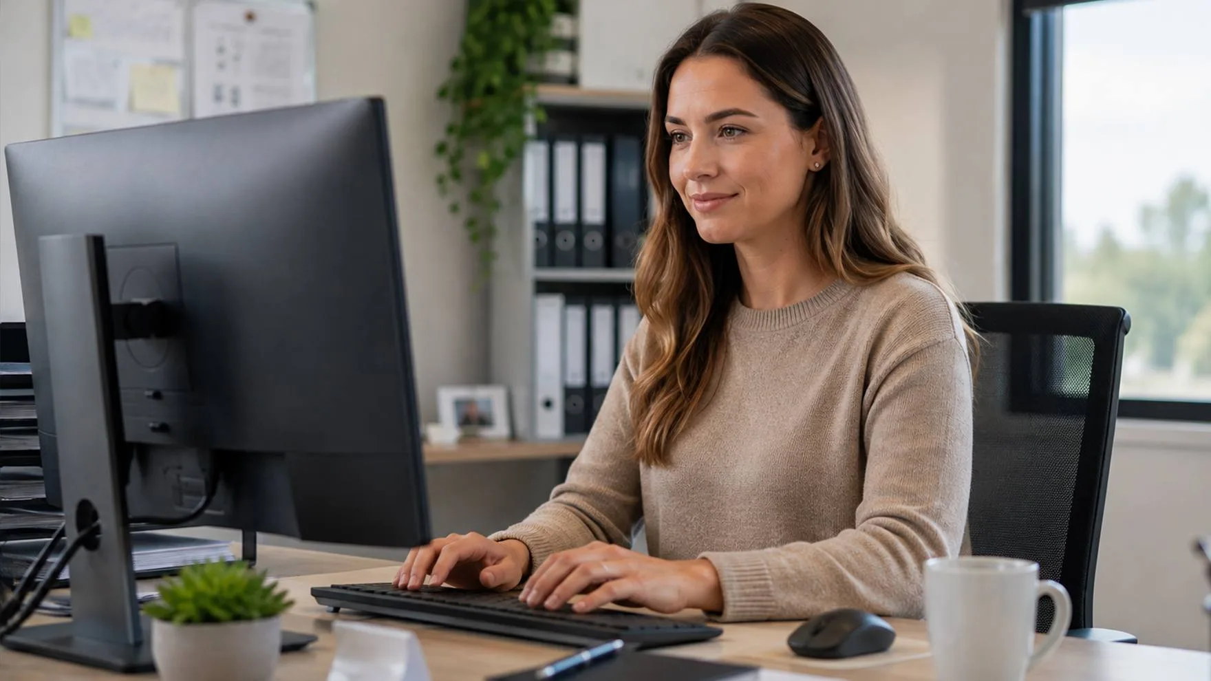 A payroll administrator working at her desk