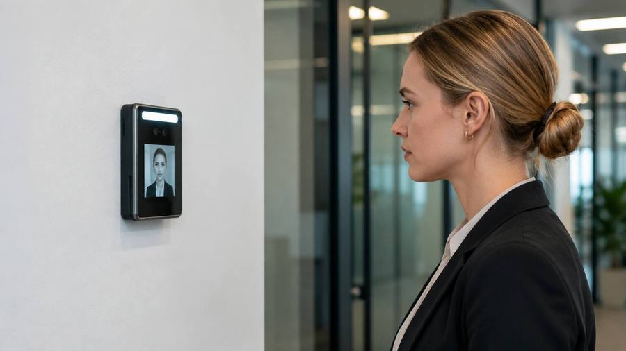 An employee looking into a wall-mounted face recognition terminal