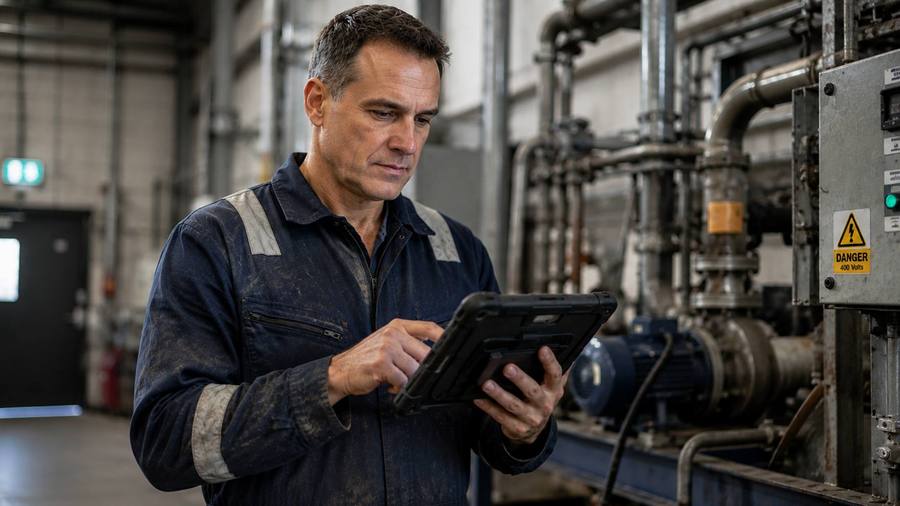 An engineer recording work against a job card on a tablet