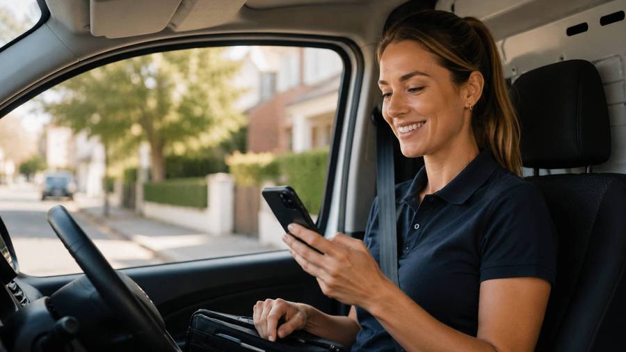 A field worker clocking in from the cab of her van