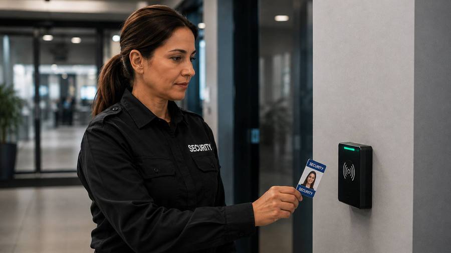A security officer scanning her badge on a night round
