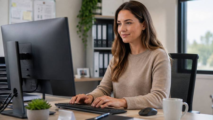A payroll administrator working at her desk