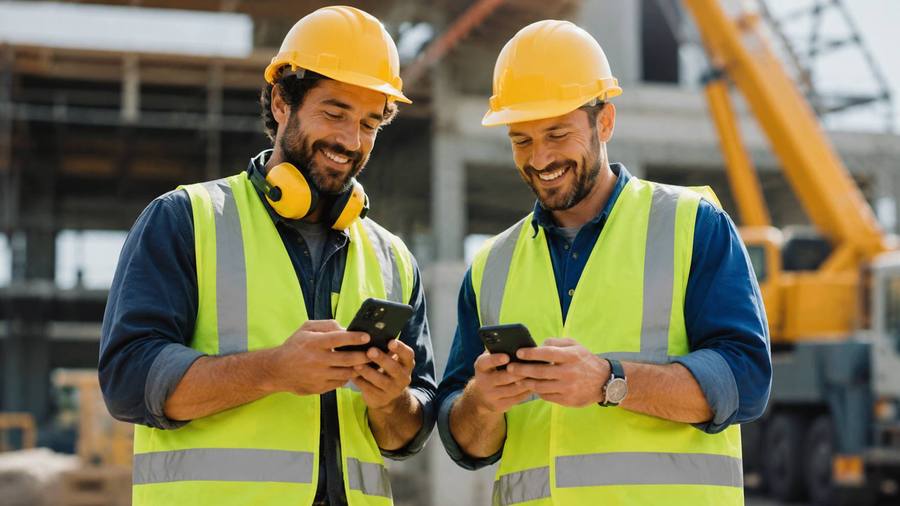 Two site workers checking their shifts on their phones